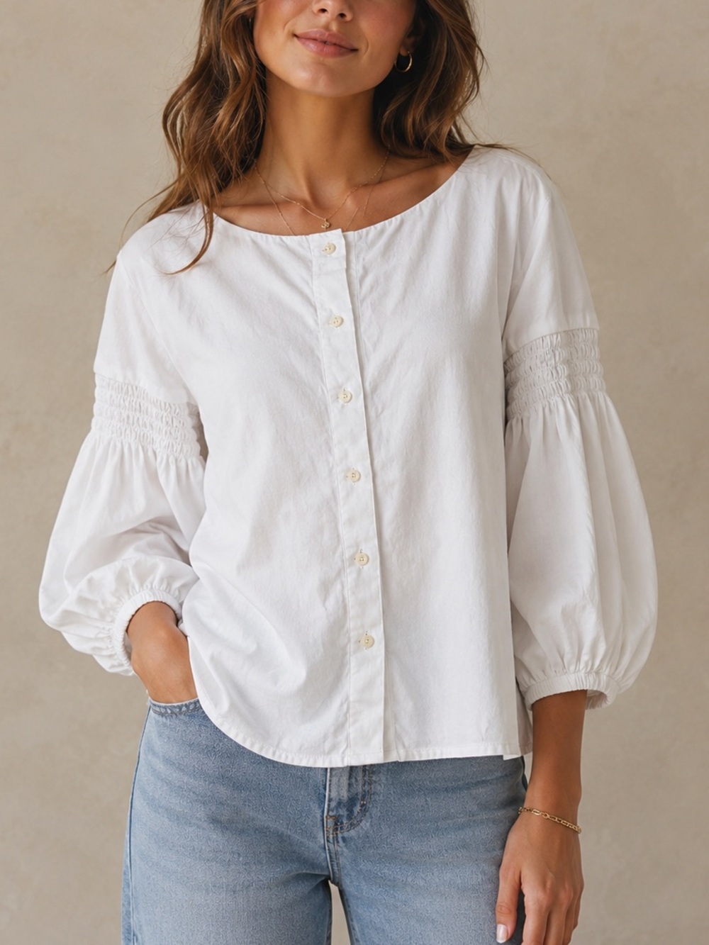 Ann Everett White Button Down Puff Sleeve Top